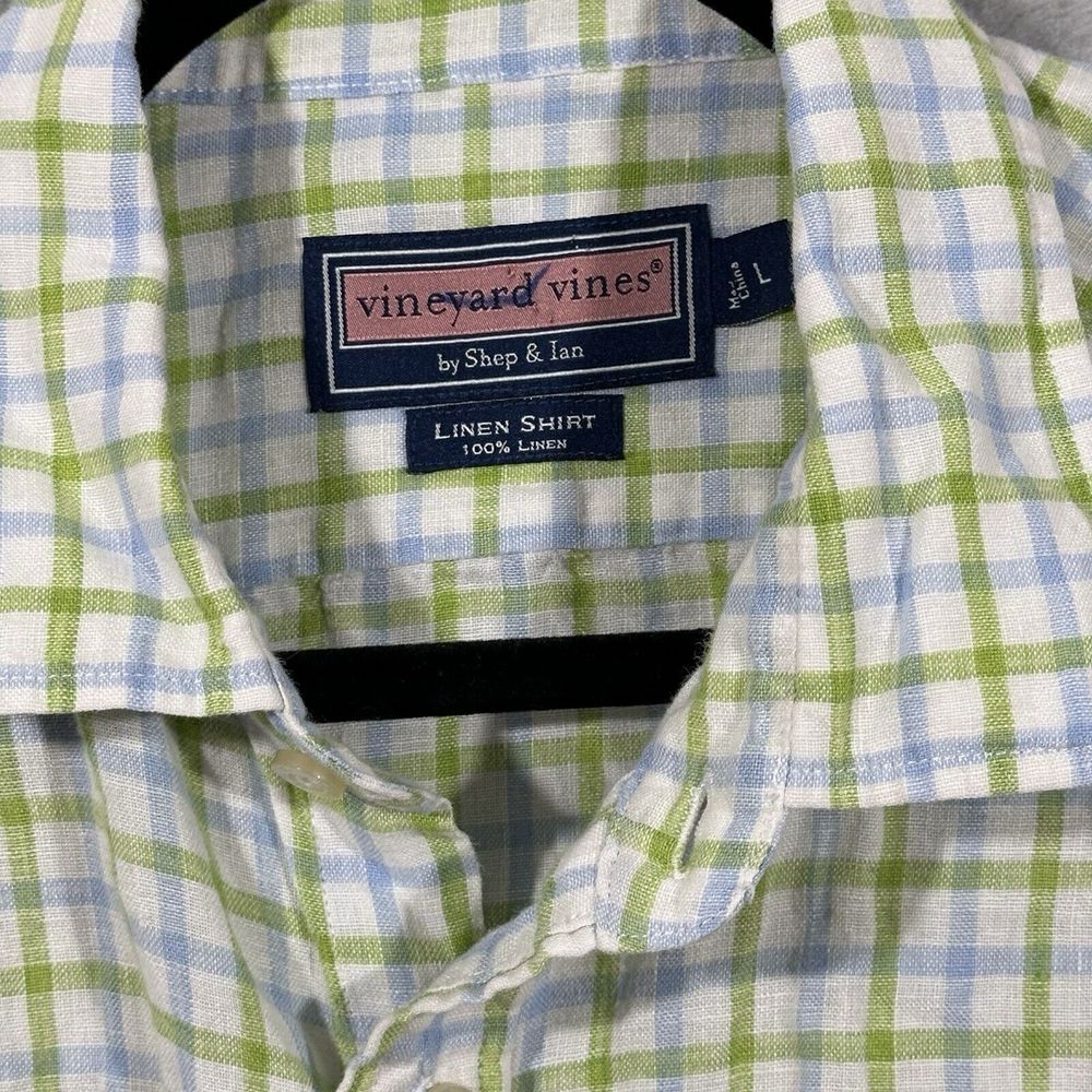 Vineyard Vines Button Shirt Adult Large   Striped Linen‎ Long Sleeve Green White